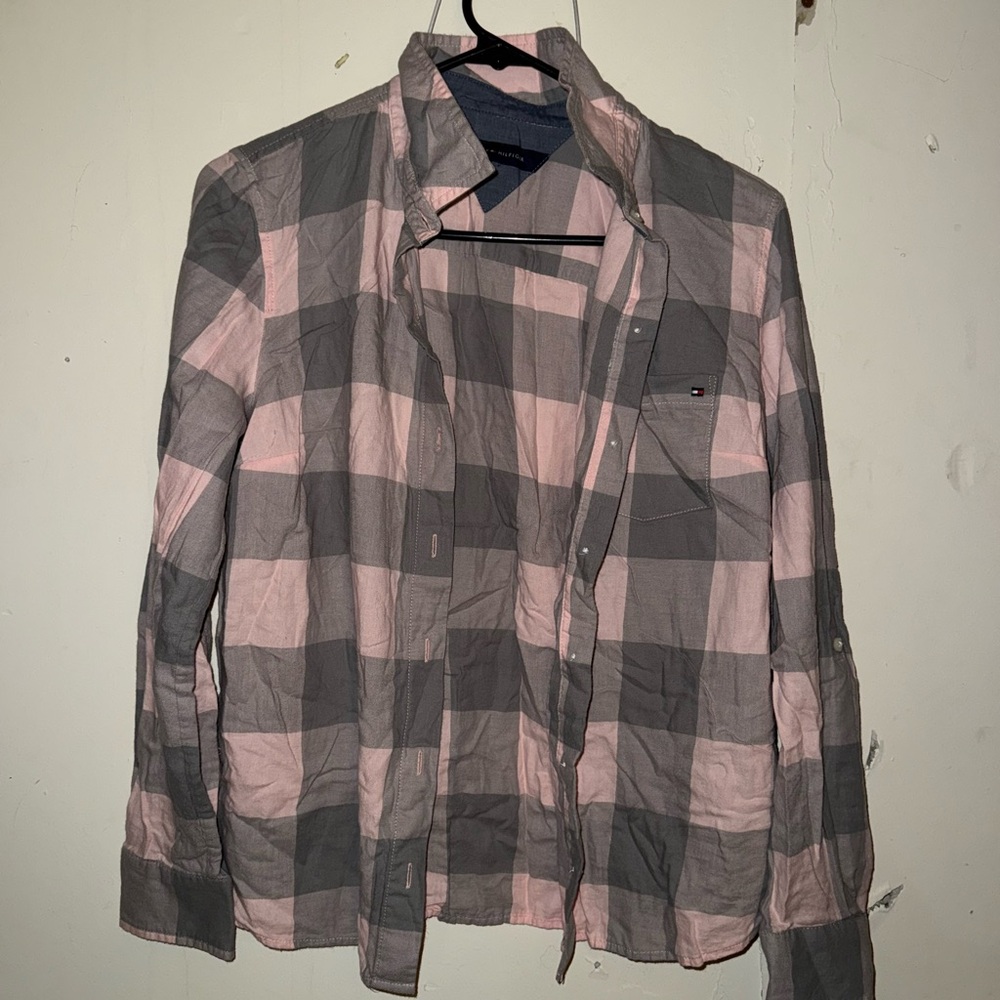 Tommy Hilfiger Pink and Gray Plaid Button Down Shirt